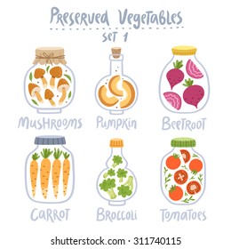 Colección de 6 conservas de verduras de Vector en tarros aislados en blanco