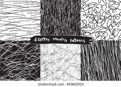 Collection of 6 seamless abstract vector monochrome sketchy patterns. Hand drawn white and black lines and curves on black and white backgrounds.