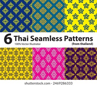 Una colección de 6 patrón sin costuras de Tailandia, cuidadosamente investigado
y culturalmente preciso, pero moderno y de estilo contemporáneo.
Vector de arte digital sin fisuras hermosos patrones, simple y eleg
