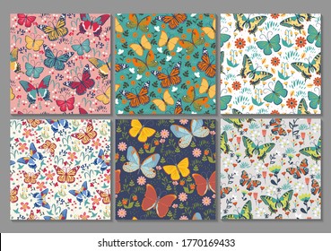 Colección de 6 patrones sin fisuras con mariposas. Gráficos vectoriales.