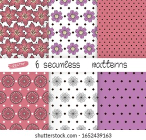 Colección de 6 patrones impecables con colores y formas geométricas. Color rosa, violeta, blanco y negro.