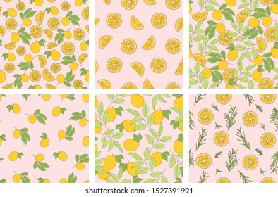A collection of 6 seamless patterns with various arrangements of lemons and lemon leaves.