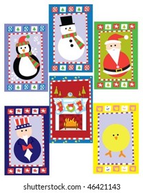 Collection 6 set of Holiday Icon Vectors Snowman Santa Uncle Sam Easter Chick Fireplace Penguin Illustrations