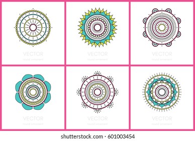 Collection of 6 simple mandalas. Round ornament pattern set. Vector illustration.