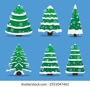 Collection of 6 snow-covered winter trees in vector format, perfect for holiday and seasonal designs. Features frosty and serene landscapes, ideal for greeting cards, invitations, and winter-themed.