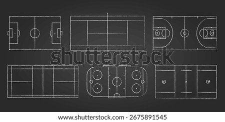 Collection of 6 sport fields top view including soccer, tennis, hockey, basketball, lacrosse and badminton. Realistic stadium and court layouts for match, training and tournament use.