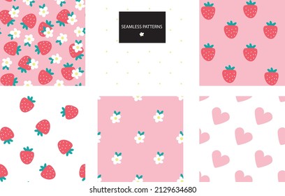 A collection of 6 sweet basic shabby chic patterns. Seamless texture with strawberries, hearts, flowers. Texture for fabrics, paper, wallpapers in shabby chic style, simple strawberries.