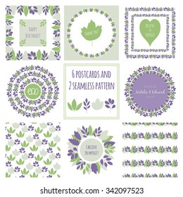 Collection of 6 templates of cards and lettering, and two seamless pattern with leaves. Template for greeting scrapbooking, greetings, invitations.