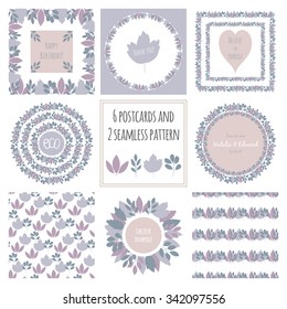 Collection of 6 templates of cards and lettering, and two seamless pattern with leaves. Template for greeting scrapbooking, greetings, invitations.