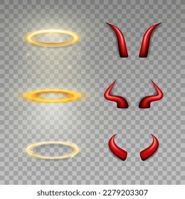 Collection of 6 three dimensional shiny golden nimbus and red devil horns. Vector realistic glossy daemon horns and halo, angel ring isolated in transparent background. Carnival, masquerade elements