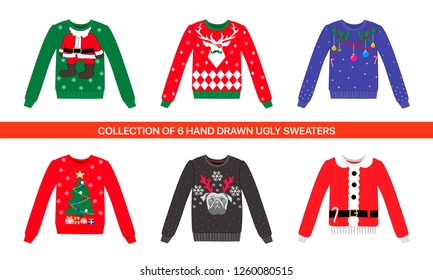 Collection Of 6 Traditional Christmas Party Colorful Ugly Vector Sweater With Reindeer, Dog, Deer, Santa Costume, Xmas Tree And Toys For Decoration, Posters, Prints