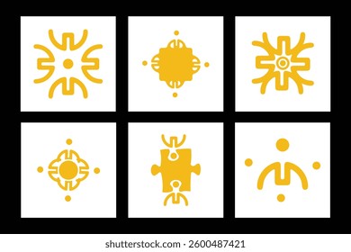 Collection of 6 unique yellow geometric symbols on a clean white background, perfect for design projects needing abstract and cultural elements