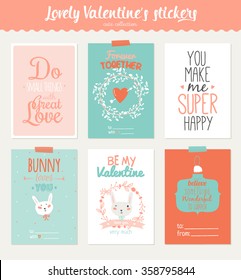 Collection of 6 Valentines day gift tags and journaling cards templates. Romantic and beauty posters set. Lovely invitations with cartoon and character style illustrations with romantic typography