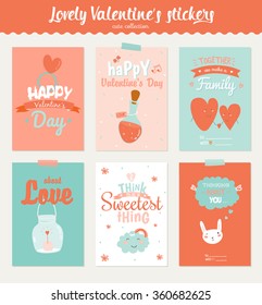 Collection of 6 Valentines day gift tags and journaling cards templates. Romantic and beauty posters set. Lovely invitations with cartoon and character style illustrations with romantic typography