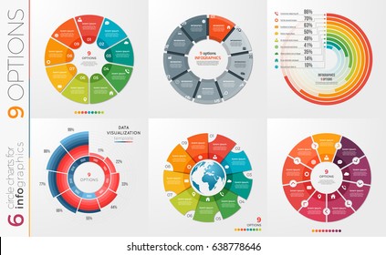 Collection of 6 vector circle chart templates for infographics with 9 options.