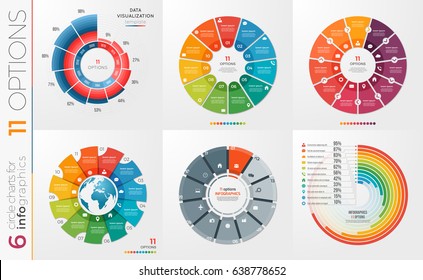 Collection of 6 vector circle chart templates for infographics with 11 options.