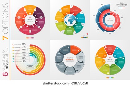 Collection of 6 vector circle chart templates for infographics with 7 options.