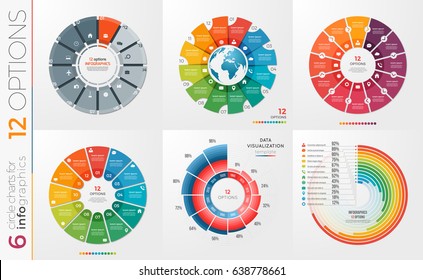 Collection of 6 vector circle chart templates for infographics with 12 options.