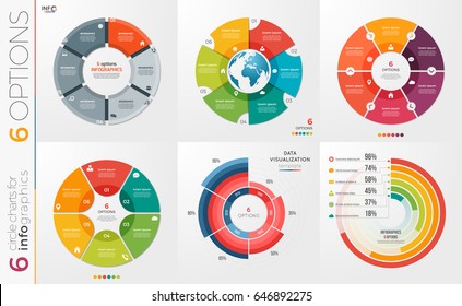 Collection of 6 vector circle chart templates for infographics with 6 options.