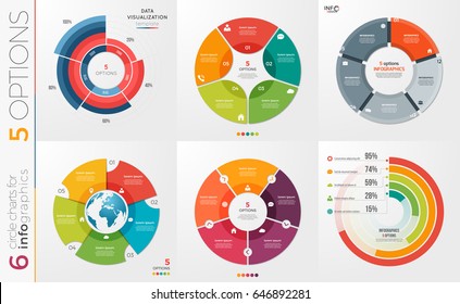 Collection of 6 vector circle chart templates for infographics with 5 options.