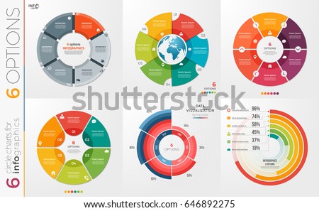 Collection of 6 vector circle chart templates for infographics with 6 options.