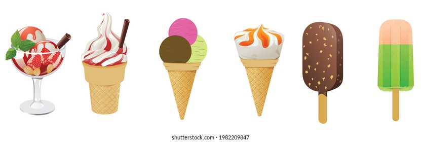 Collection of 6 vector ice cream illustrations isolated on white
