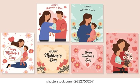 Collection of 6 vector illustrations celebrating Happy Mother's Day. Features loving family moments, mothers, children, flowers and hearts. Ideal for cards and social media.