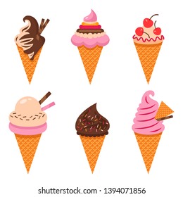 Collection of 6 vector illustrations of ice cream on a white isolated background