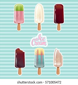 Collection of 6 vector illustrations of ice cream isolated on a striped background