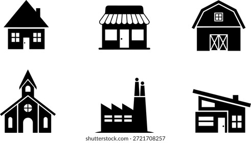 Una colección de 6 diseños de edificios de siluetas de Vector, incluyendo casas y una iglesia, en un estilo simple y moderno.