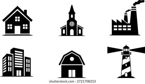 Una colección de 6 iconos de silueta de Vector con edificios y Lugares famosos para uso arquitectónico y de diseño