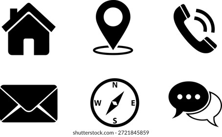 A collection of 6 vector silhouette icons for navigation and communication, including a house, map pin, phone, envelope, clock, and speech bubble.