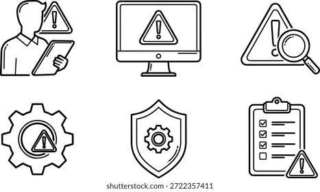 Una colección de 6 íconos de silueta de Vector que representan conceptos de seguridad y advertencia en un diseño moderno