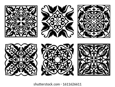 Collection of 6 vector square elements and motifs of Kazakh, Kyrgiz, Uzbek, Turk national Islamic ornament for custom logo and print design. Black and white, isolated. Stock illustration.