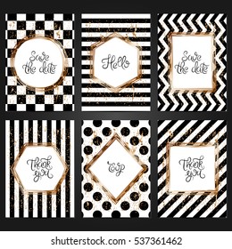 Collection of 6 vintage card templates  in black and white colors and with copper frame. For the wedding, marriage, save the date, invitations, greetings. Grunge retro design with copper paint.