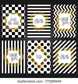 Collection of 6 vintage card templates in golden and black colors and with a frame. For the wedding, marriage, save the date cards, invitations, greetings. Grunge retro design.