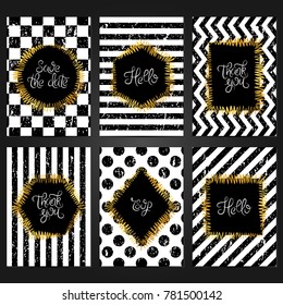 Collection of 6 vintage card templates in white and black colors and with a gold frame. For the wedding, marriage, save the date cards, invitations, greetings. Grunge retro design.