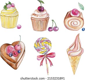 Collection of 6 watercolor sweets: cupcake, ice cream, candy, cake, lollipop. Decorated desserts. Drawn by hand. Vector for postcards and stickers