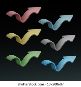 Collection of 6 wave arrows of different colors, Isolated on black background.