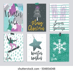 Collection of 6 Winter card templates. Christmas Posters set. Vector illustration