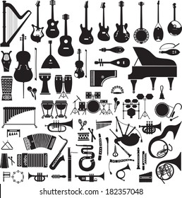 Collection of 60 black silhouettes of musical instruments on a white background