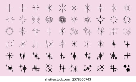 Collection of 60 black star and sparkle icons on a pink background. Various star designs, sparkle patterns, and decorative elements in a minimalist style. Element vector set.