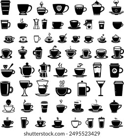 A collection of 60 black and white illustrations of various coffee and tea cups, mugs, and brewing equipment