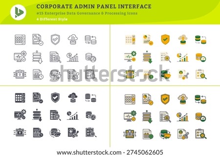 Collection of 60 enterprise data governance and processing icons designed for corporate admin dashboard and backend interface systems in four visual styles.