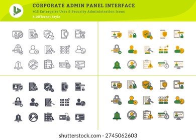Collection of 60 enterprise user management and security administration icons for corporate admin dashboard and backend interface systems in four visual styles.
