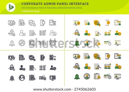 Collection of 60 enterprise user management and security administration icons for corporate admin dashboard and backend interface systems in four visual styles.