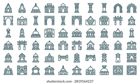 Collection of 60 Indian heritage architecture icons featuring temples, stupas, ancient arches, columns, and historical landmarks in a clean minimalist line art style on white.