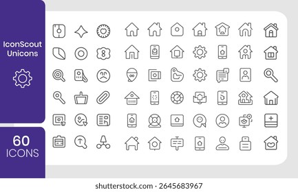 Collection of 60 modern and minimalist icon set featuring various symbols and designs