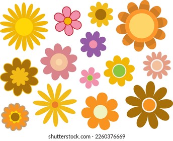 collection of 60s 70s retro style flowers isolated on white, vector illustration