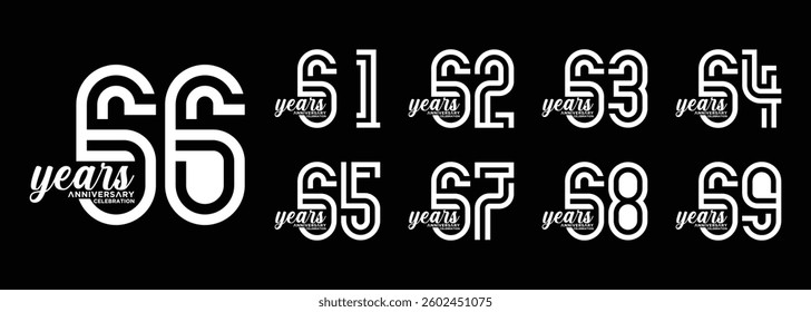 collection of 61 to 69 year anniversary logo designs with creative numbers in white on black background
